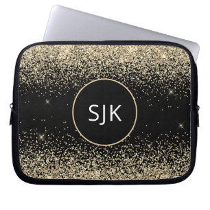 Luxe Gold Black Girly Modern Glitter Monogram Laptop Sleeve
