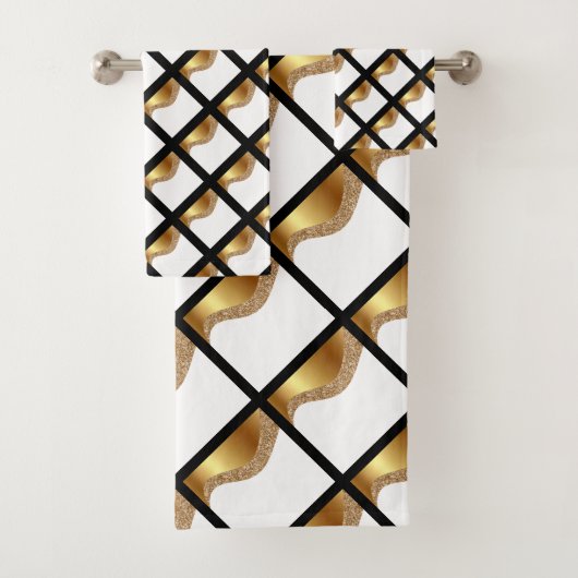 LUXE GOLD BLACK WAVE GRID BATH TOWEL SET BAD HANDDOEK (Insitu)