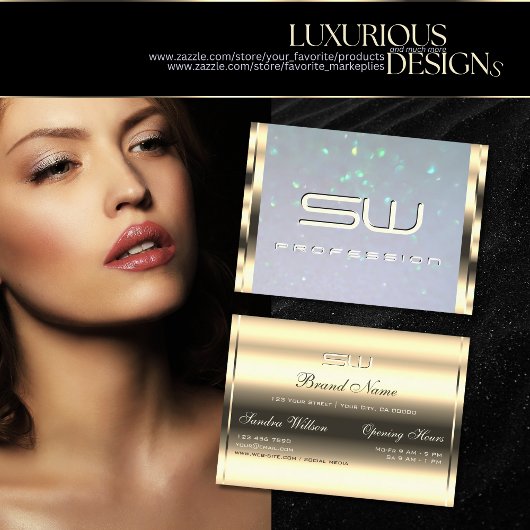 Luxe Gold Blue Pearl Glitter en 3D Initialen Visitekaartje