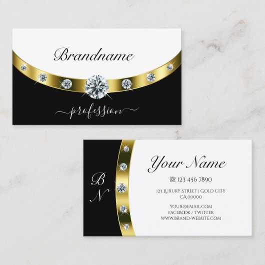 Luxe Gold Border Black en White Initialen Visitekaartje (Voorkant / Achterkant)