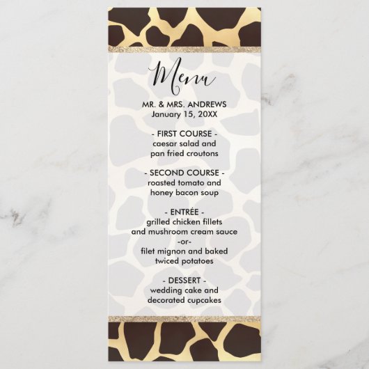 Luxe Gold Brown Giraffe Animal Print Patroon Menu (Voorkant)