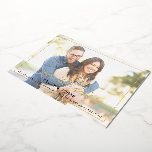 Luxe Gold Calligrafie 2 foto's sparen de datum Folie Uitnodiging (Gedraaid)