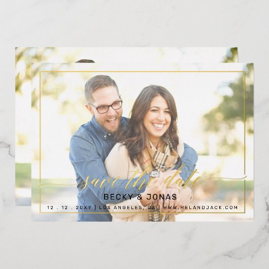 Luxe Gold Calligrafie 2 foto's sparen de datum Folie Uitnodiging (Voorkant / Achterkant)