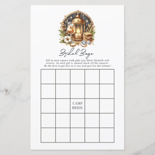 Luxe Gold Camp Bruid Bachelorette Bingo Spel (Voorkant)