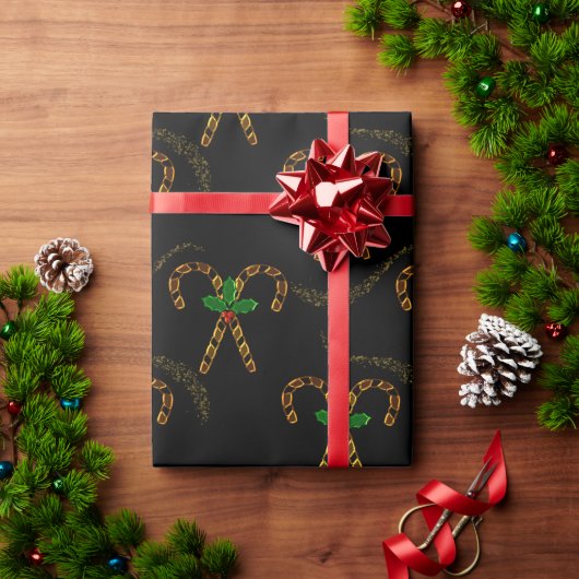Luxe Gold Candy Canes Black Kerstmis Cadeaupapier (Feestdagen Geschenken)