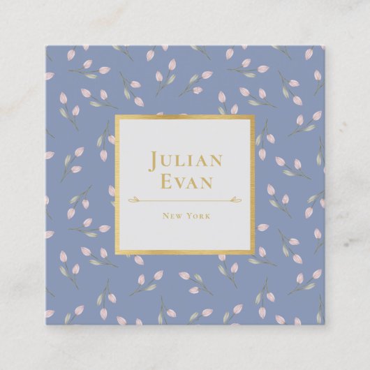 Luxe Gold Dusty Blue Flower Pattern Visitekaartje (Voorkant)
