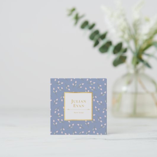 Luxe Gold Dusty Blue Flower Pattern Visitekaartje (Staand voorkant)