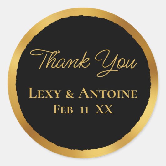 Luxe Gold Edge Black Hartelijk dank naam bruiloft  Ronde Sticker (Voorkant)