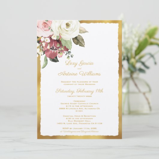 Luxe Gold Edge Mauve Pink White Waterverf Florals Kaart (Staand voorkant)