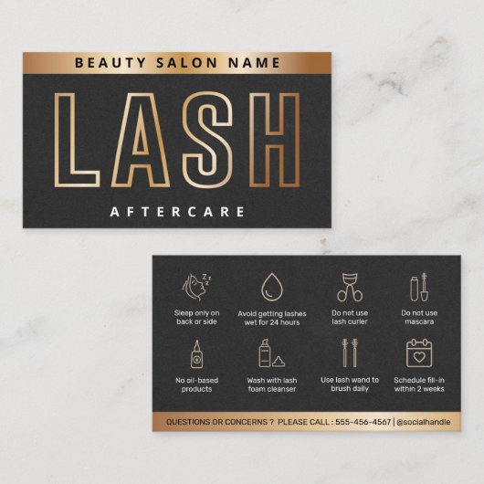 Luxe Gold Eyelash Extensions Lash Aftercare Card Visitekaartje (Voorkant / Achterkant)