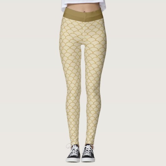 Luxe Gold Fan Pattern Zeemeermin Faux Glitter Glam Leggings (Voorkant)