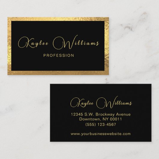 Luxe Gold Foil Black-script Visitekaartje (Voorkant / Achterkant)