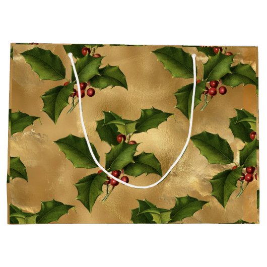 Luxe Gold Foil, Green Holly, Red Berries Groot Cadeauzakje (Achterkant)
