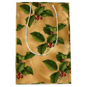 Luxe Gold Foil, Green Holly, Red Berries Medium Cadeauzakje (Voorkant)