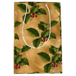 Luxe Gold Foil, Green Holly, Red Berries Medium Cadeauzakje