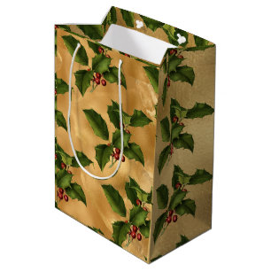 Luxe Gold Foil, Green Holly, Red Berries Medium Cadeauzakje