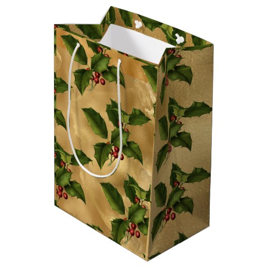Luxe Gold Foil, Green Holly, Red Berries Medium Cadeauzakje (Achterkant Gekanteld)
