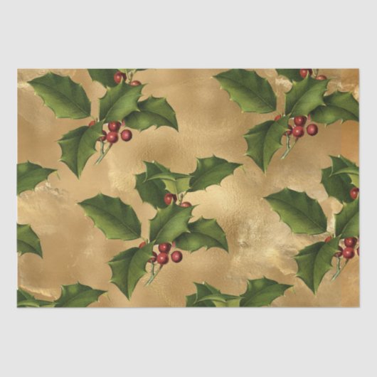 Luxe Gold Foil, Green Holly, Red Berries Tissuepapier (Voorkant)