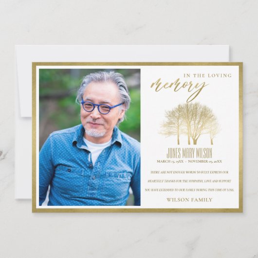 LUXE GOLD FOIL HERFST TREE SYMPATHY MEMORIAL FOTO BEDANKKAART (Voorkant)