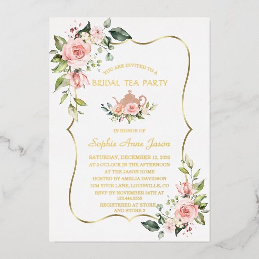 Luxe GOLD FOIL Pink Floral Bridal Tea Party Folie Uitnodiging (Voorkant)