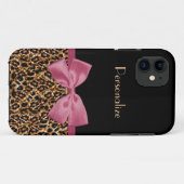 Luxe Gold Fur Leopard Print Mauve Bow met naam Case-Mate iPhone Case (Achterkant (horizontaal))