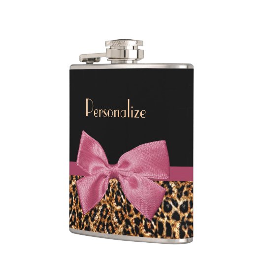 Luxe Gold Fur Leopard Print Mauve Bow met naam Heupfles (Links)