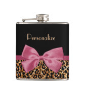 Luxe Gold Fur Leopard Print Mauve Bow met naam Heupfles (Voorkant)