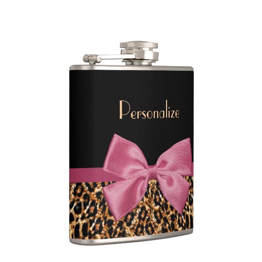 Luxe Gold Fur Leopard Print Mauve Bow met naam Heupfles (Rechts)