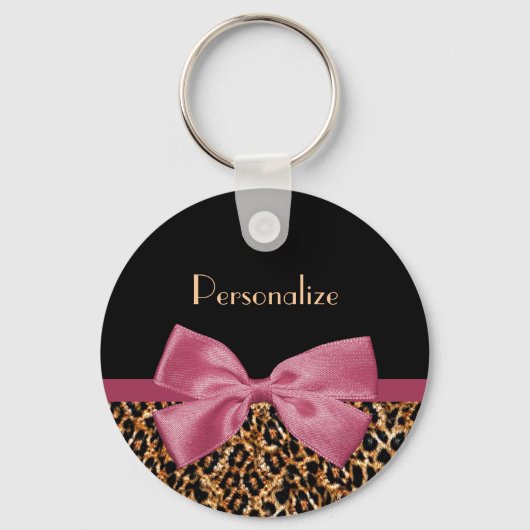 Luxe Gold Fur Leopard Print Mauve Bow met naam Sleutelhanger (Voorkant)