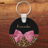 Luxe Gold Fur Leopard Print Mauve Bow met naam Sleutelhanger (Voorkant)