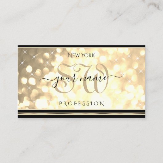 Luxe Gold Glitter Initialen Zwarte Golden Border Visitekaartje (Voorkant)
