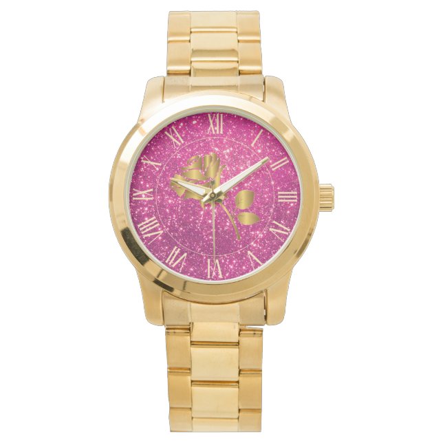 Luxe Gold Glitter Pink Floral Gift Watch Horloge (Voorkant)