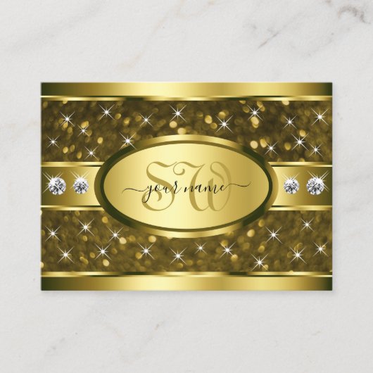 Luxe Gold Glitter Stars Diamonds and Initialen Visitekaartje (Voorkant)