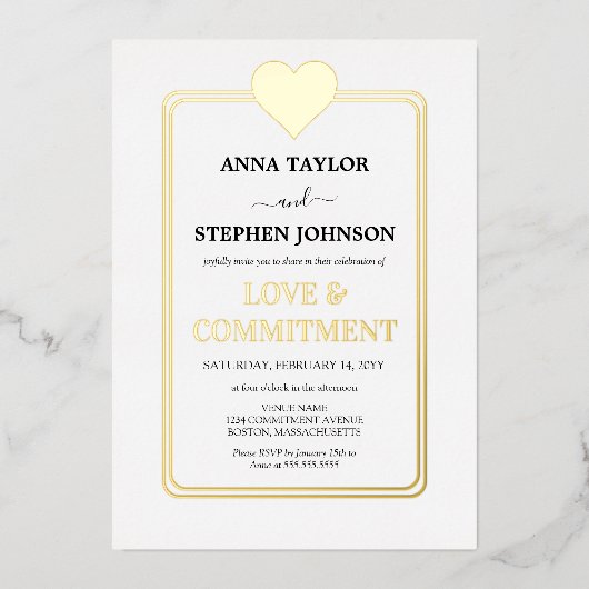 Luxe Gold Heart Love & Commitment Ceremony Folie Uitnodiging (Voorkant)