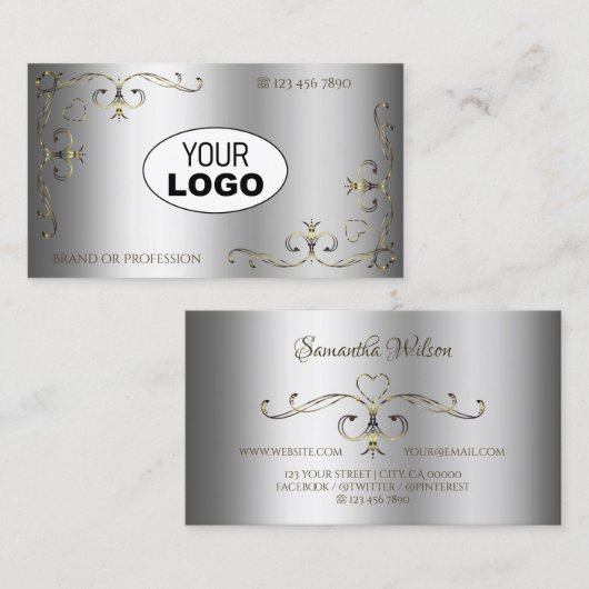 Luxe Gold  hoeken voegen Logo Elegant Silver toe Visitekaartje (Voorkant / Achterkant)
