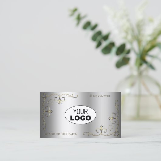 Luxe Gold  hoeken voegen Logo Elegant Silver toe Visitekaartje (Staand voorkant)