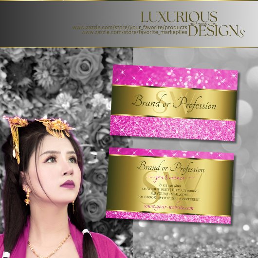 Luxe Gold Hot Pink Glitter Stars Initialen Visitekaartje