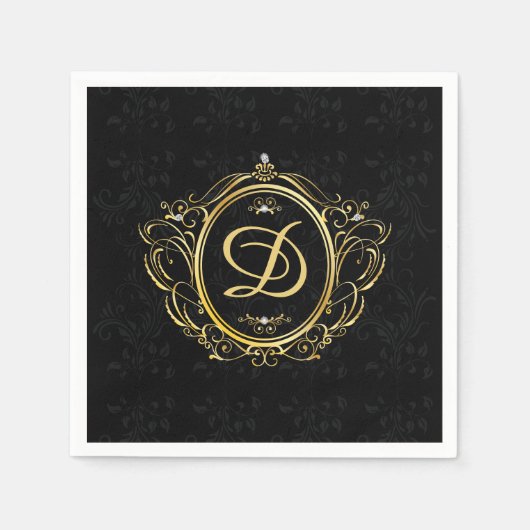Luxe Gold lijst Monogram Black Damask terug Servet (Voorkant)