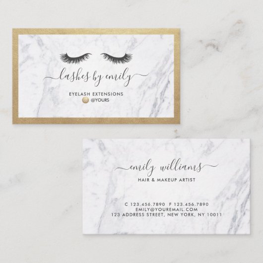 Luxe Gold & Marble Eyelash Beauty Specialist Visitekaartje (Voorkant / Achterkant)