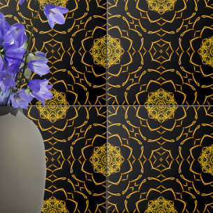Luxe Gold Metallic Ornamenten op zwart patroon Tegeltje