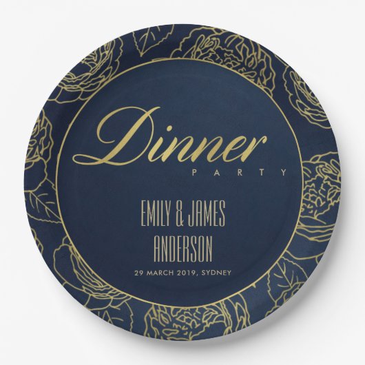 LUXE GOLD NAVY ELEGANT ROOS FLORAL DINNER PARTY PAPIEREN BORDJE (Voorkant)