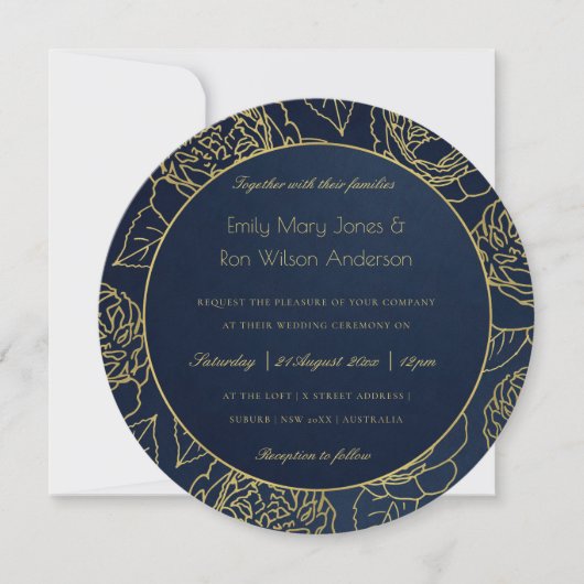 LUXE GOLD NAVY KRAFT ELEGANT ROOS FLORAL WEDING KAART (Voorkant)