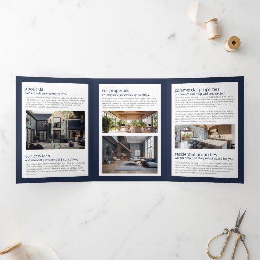 Luxe Gold/Navy Skelet Key Real Estate Brochure Drieluik Kaart (Binnen)