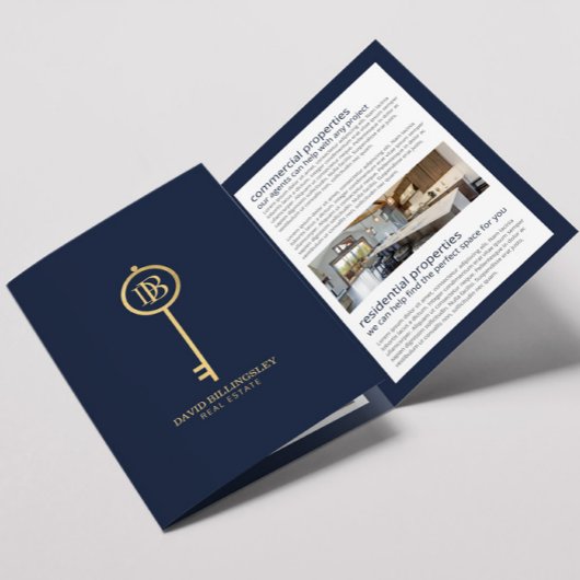 Luxe Gold/Navy Skelet Key Real Estate Brochure Drieluik Kaart