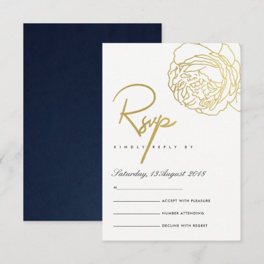 LUXE GOLD NAVY WHITE ELEGANT ROOS FLORAL RSVP (Voorkant / Achterkant)