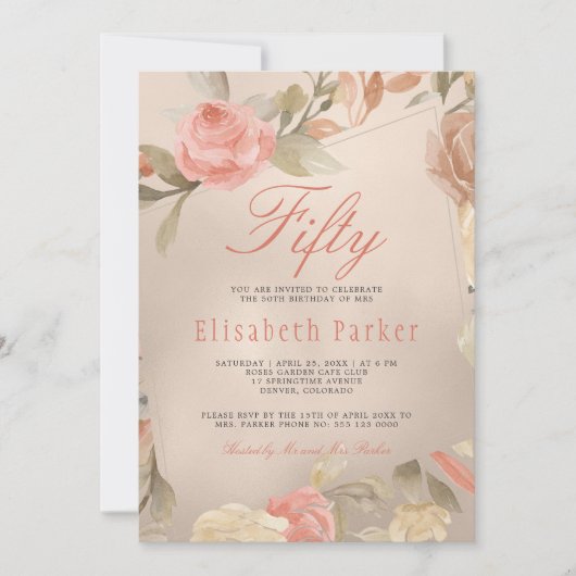 Luxe Gold Peach Koraal Bloemen 50e Verjaardag Part Kaart (Voorkant)