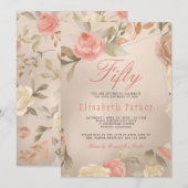 Luxe Gold Peach Koraal Bloemen 50e Verjaardag Part Kaart (Voorkant / Achterkant)