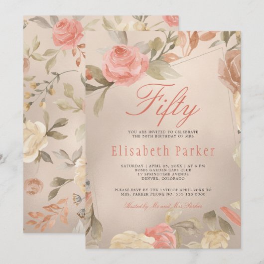 Luxe Gold Peach Koraal Bloemen 50e Verjaardag Part Kaart (Voorkant / Achterkant)