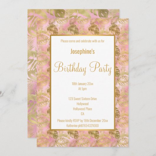 LUXE GOLD PINK PALM LEAF BIRTHDAY INVITATIE KAART (Voorkant / Achterkant)