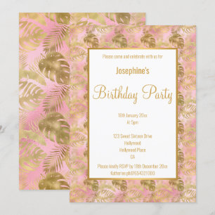 LUXE GOLD PINK PALM LEAF BIRTHDAY INVITATIE KAART